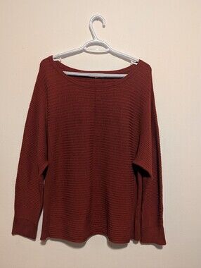 Rust Brick Red Ribbed Knit Dolman Batwing Sweater Minimalist Corporate Chic L